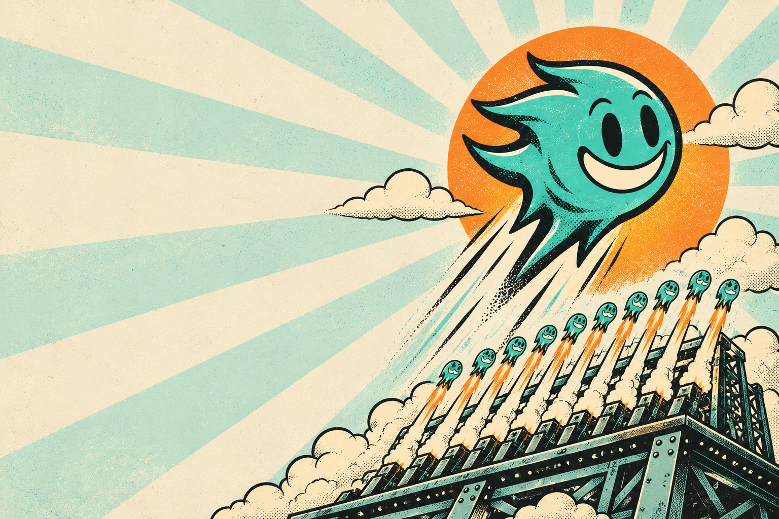 our teal comet blasts upward from a retro launch platform, with parallel comet launches against an orange sun and paper sunburst